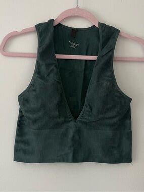 Urban Outfitters Deep V Ribbed Crop Top - Dark Green